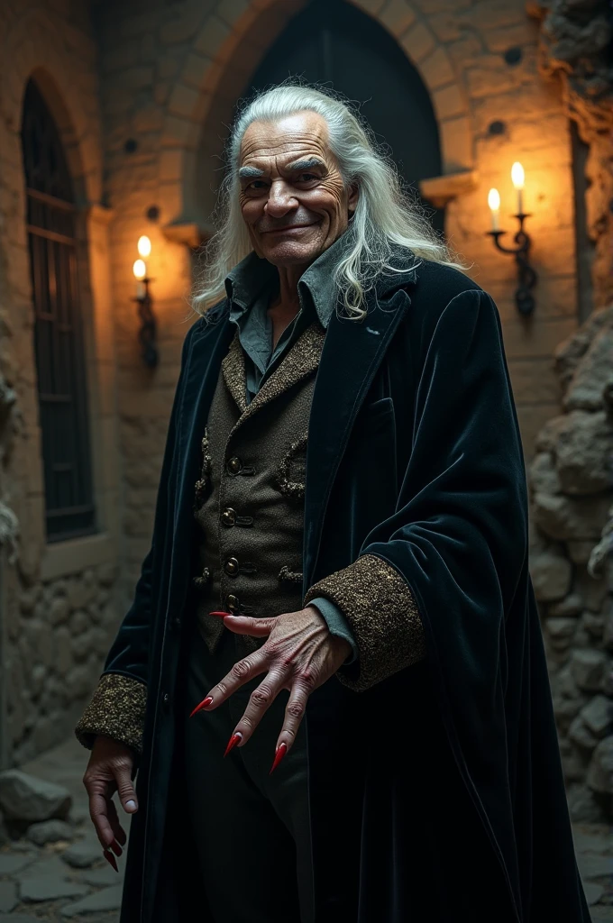 Create an image of an elderly vampire, but strong, wearing old clothes with sharp nails and teeth, and pointy ears.