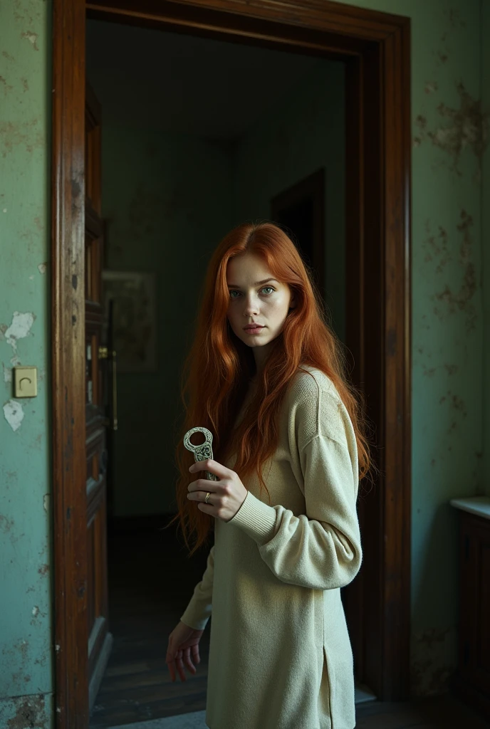 Image of a woman cautiously approaching a door with a vintage key lying on the floor