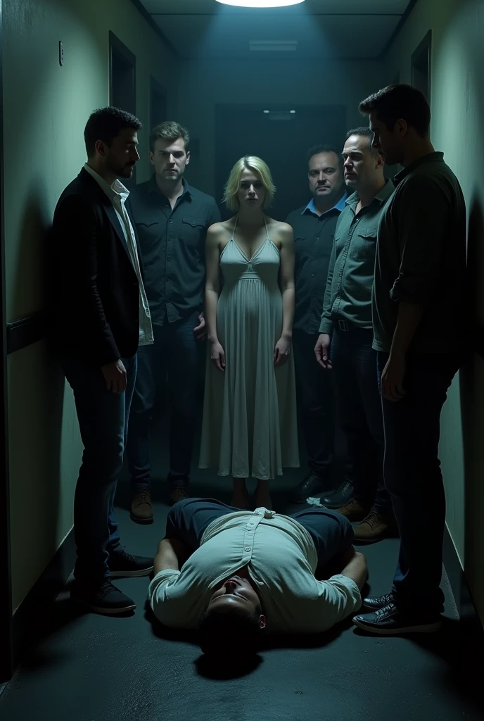 (photorealism:1.2 Dark corridor, light at the end. In the center are six people, !THREEwomen and THREE men! The dead body of a 50-year-old man is lying on the floor, only the head and a bit of the body are visible. It is important that there are 6 people in the middle and a dead man in the foreground. One of the girls must be wearing a dress. IMPORTANT: There are a total of 7 people in the composition, one dead body and 6 people standing over the dead body