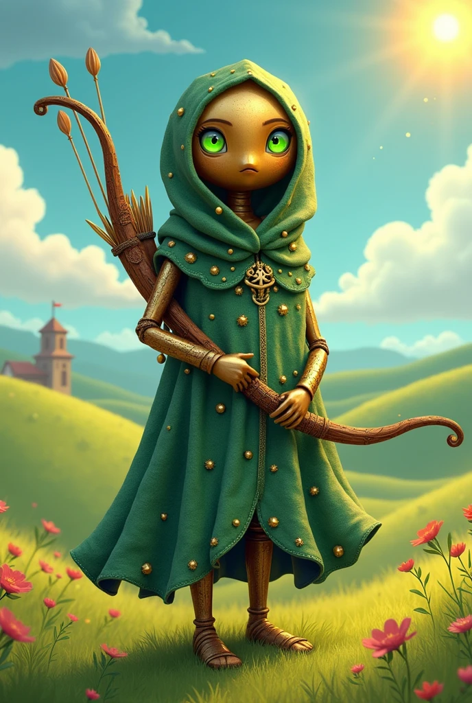 Create for me a character with Adventure Time vibes
being an Automata made of bronze with green eyes and a humanoid body
Wearing a green cloak around their neck with golden details and a long bow with arrows on their back