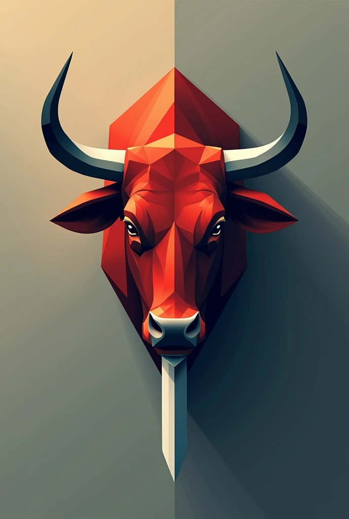 The head of a bull with a knife in its mouth, simplified geometrically., top perspective