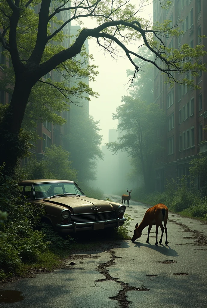 street view of new york, post apocalyptic picture, abandoned rusted car, the nature conquered back its territory, there is a deer family