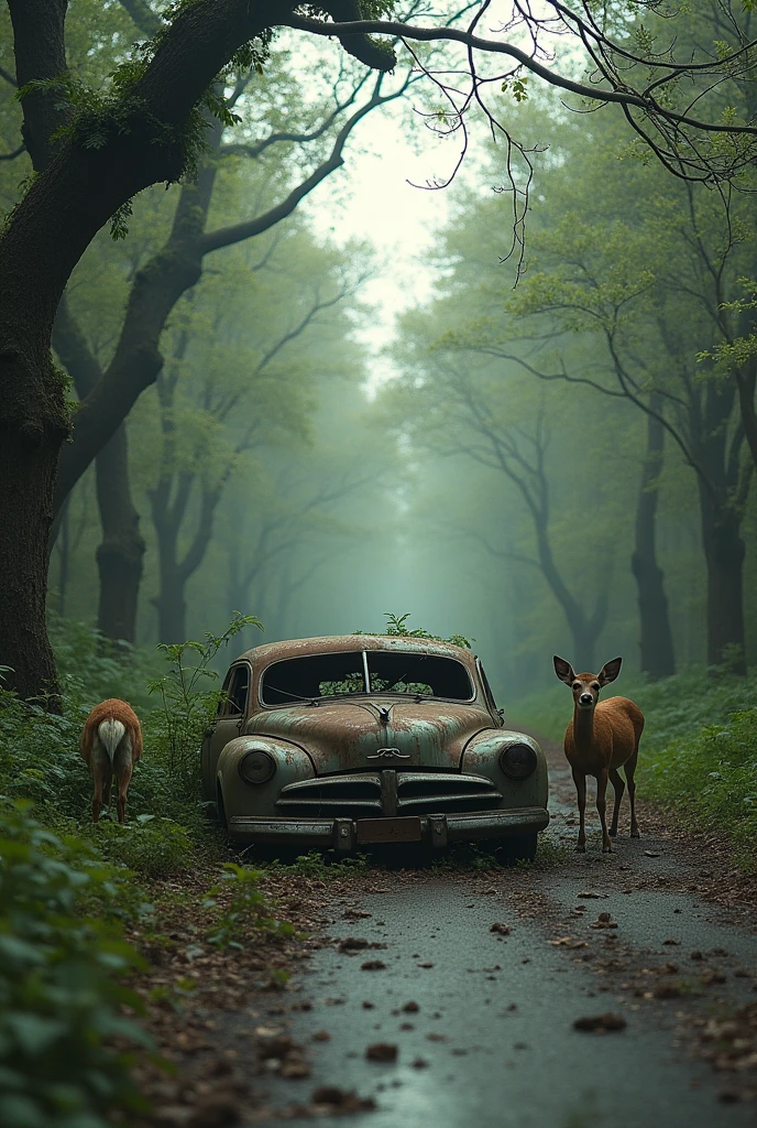 street view of new york, post apocalyptic picture, abandoned rusted car, the nature conquered back its territory, there is a deer family