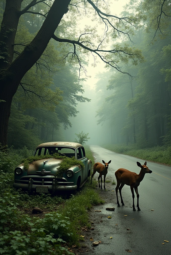 street view of new york, post apocalyptic picture, abandoned rusted car, the nature conquered back its territory, there is a deer family
