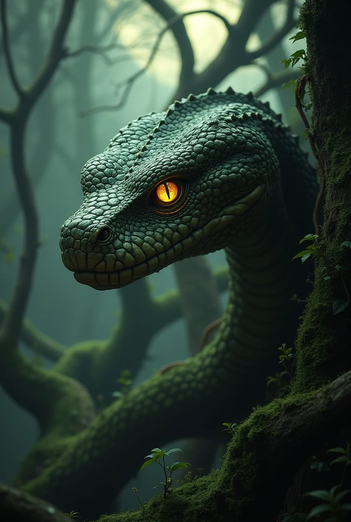 hyper realistic and high definition image of the serpent from the Garden of Eden in a dark scene