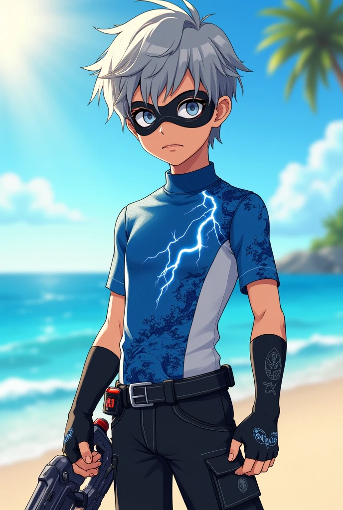 A boy with short gray hair, fair skin, white lightning bolt eyes and a blue and white swimming shirt and a black mask and an ump in his hand with hawk details facing forward and black free fire player style pants