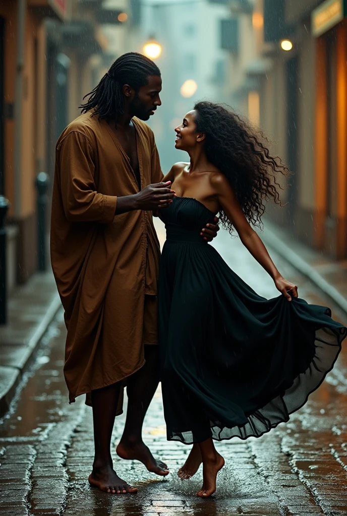 a dark man, greeneyes, Long brown hair, brown tunic dress, dancing with a short woman, medium black curly hair, IN A BLACK DRESS, barefoot, in the rain