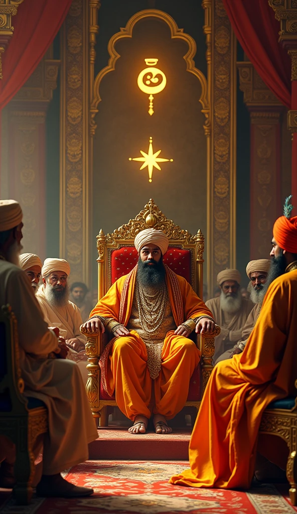 A grand royal court setting with Emperor Akbar seated on a throne, surrounded by scholars from various religious backgrounds (Hindu, Muslim, Sikh, Jain). The scene should depict the emperor in a thoughtful pose, as if discussing the principles of 'Din-i Ilahi,' with sacred symbols from different religions subtly integrated into the background, signifying unity and harmony.
