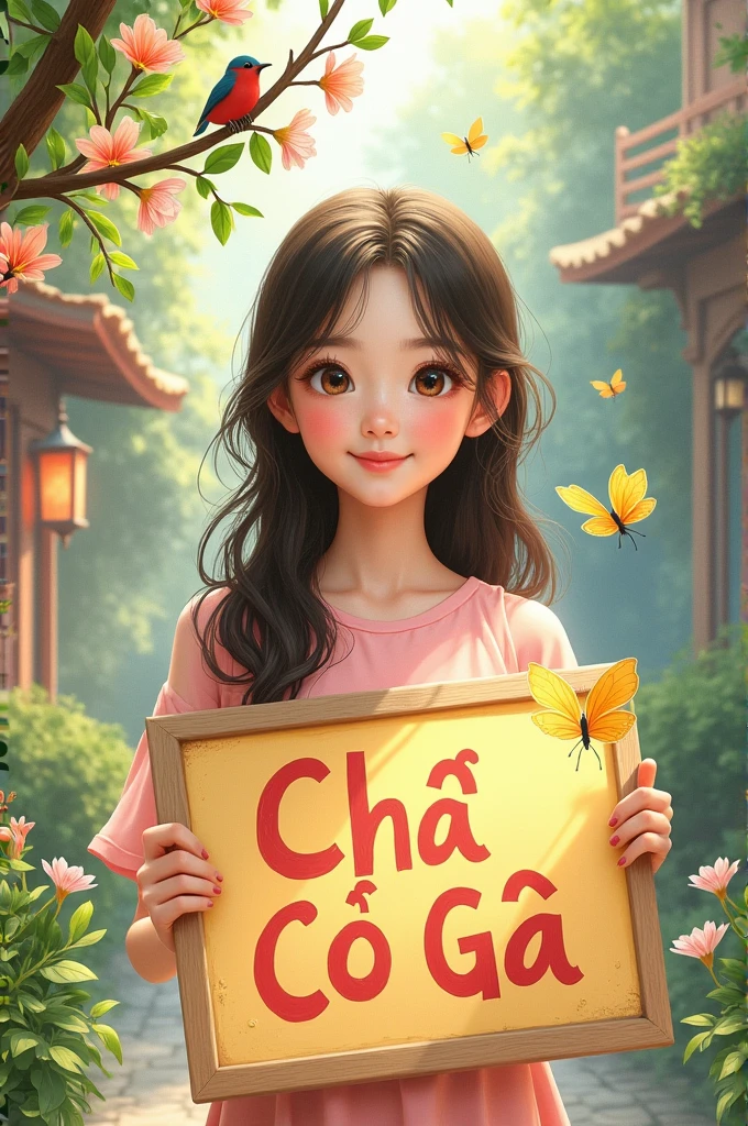 A beautiful girl with a charming Korean face is holding a sign with the name " Chả Có Gì "