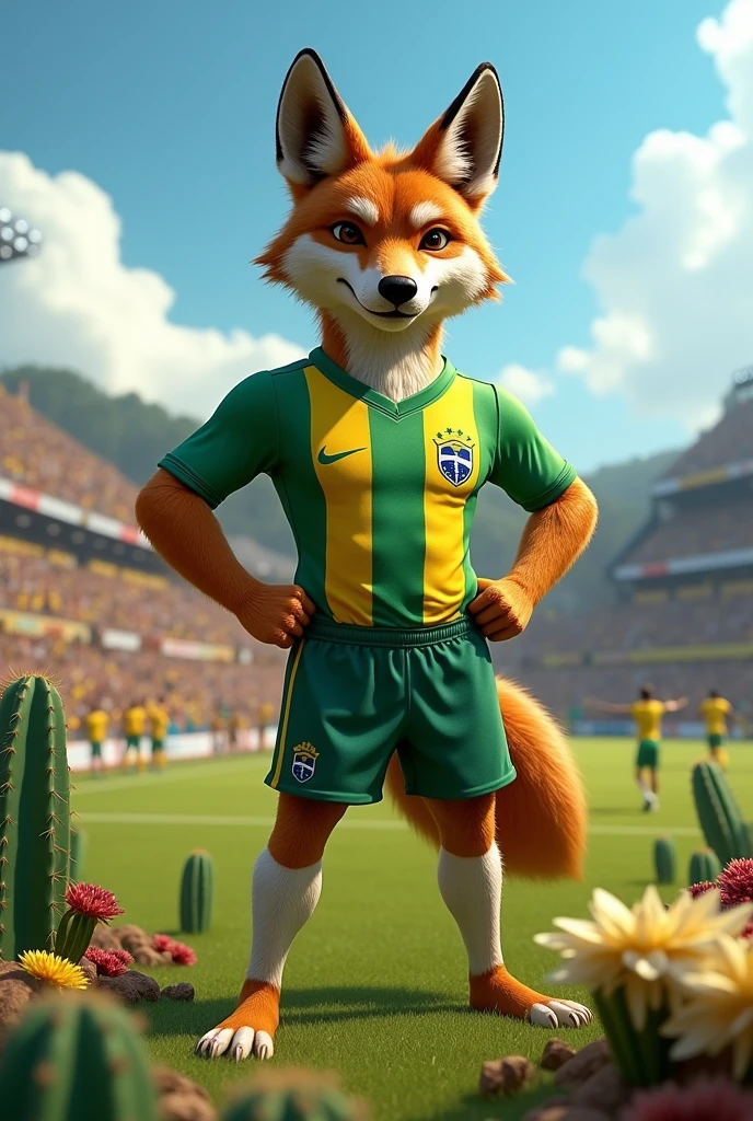 A Brazilian maned wolf from the Cerrado, muscular mascot in a green and white football shirt