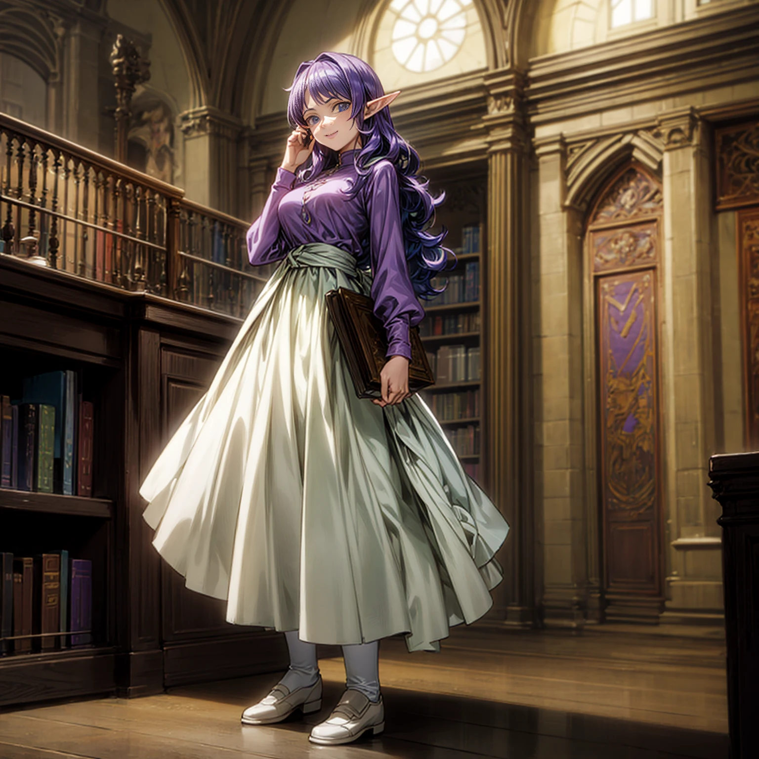 Solo character, full body version, young girl, (elf), blue eyes, purple color hair, long Curly haircut, His hair covered his eyes, long shirt, white long skirt, shoes, indoor, library, town, medieval, detailed background, detailed clothing, detailed hair, standing gesture, smile mouth, book in hand, big breast, (one piece style art, Hunter x Hunter style art), 