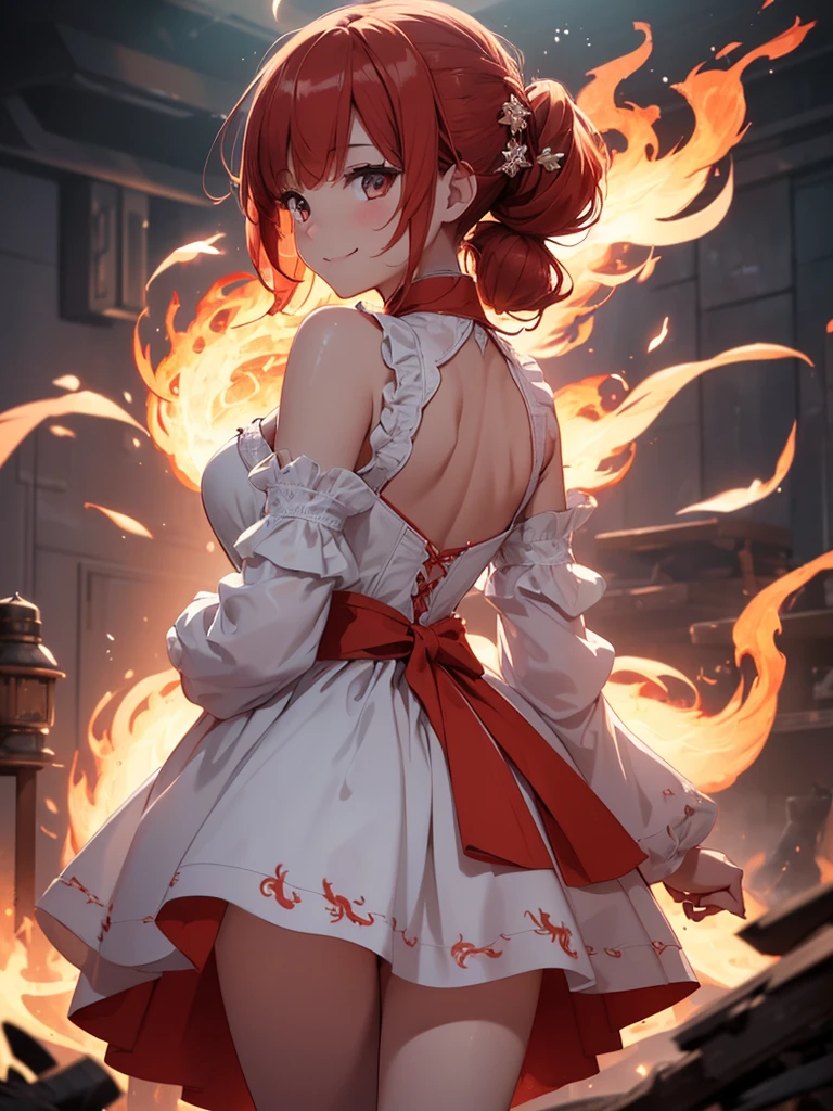 (((best quality, sharp image, clear image, cinematic lighting, 8k resolution, masterpiece, ultra detailed, intricate))) Girl, (((looking over left shoulder))), (shot from behind), ((shot from hip up)), fiery red hair, pigtails, ((white dress)), ((flaming sigils, flaming runes)), spiky rock formations, (flaming lotus flowers frame), (intricate background), ((Phoenix)), (swirling flames), smiling
