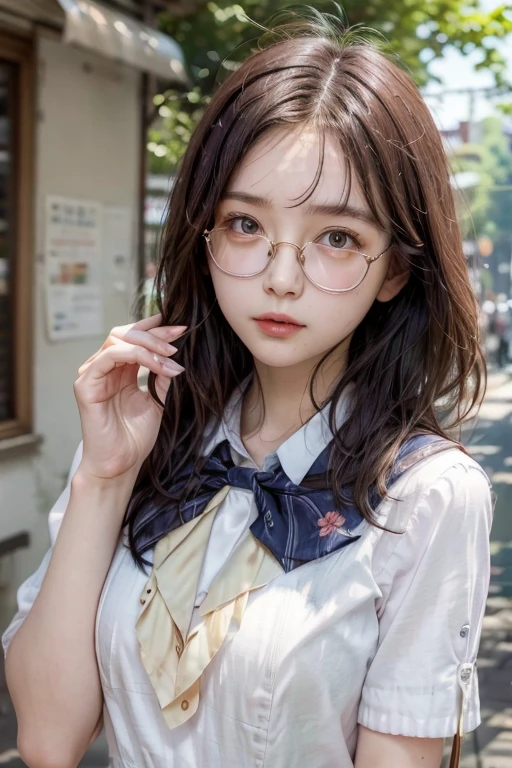 Highest quality、masterpiece、High sensitivity、High resolution、Detailed Description、Slender women、A cup bust、Glasses、Summer clothing、
