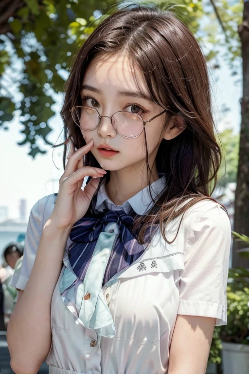 Highest quality、masterpiece、High sensitivity、High resolution、Detailed Description、Slender women、A cup bust、Glasses、Summer clothing、