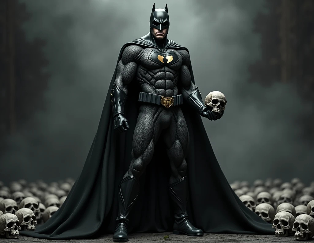 1man, black superhero cowl and mask, villain, evil, black lantern insignia, black cape, black boots, holding a skull, skulls background