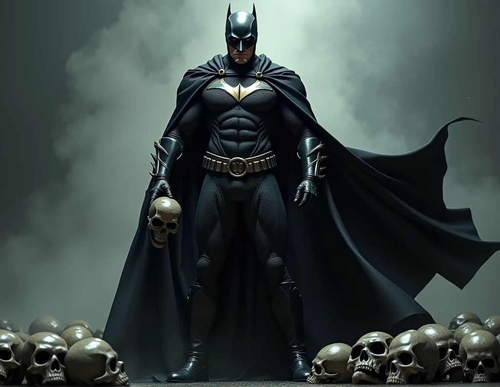 1man, black superhero cowl and mask, villain, evil, black lantern insignia, black cape, black boots, holding a skull, skulls background