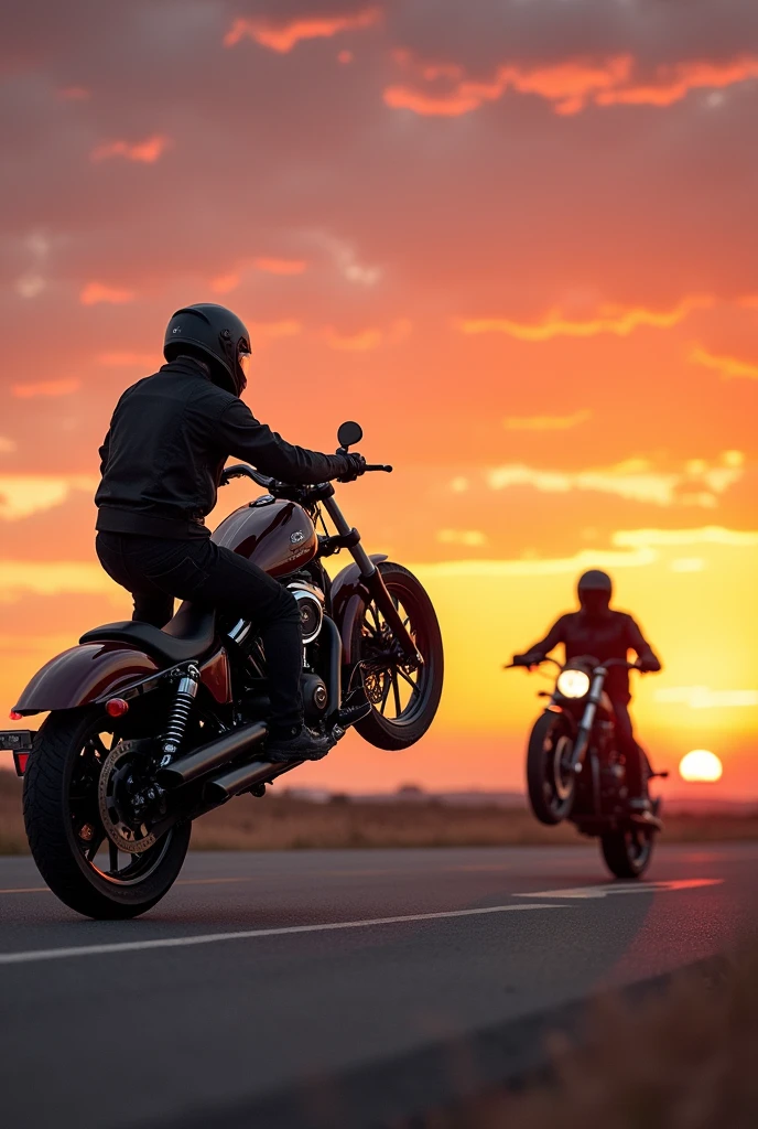 Two motorcycles wheelieing backwards in two shots (behind, and in front), one facing the other towards the sunset, a motorcycle will be in the foreground further forward, and the other one in the background further back. In the background a view with sunset