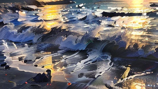Sandy beach at night、 Calm waves、dark No light youthful、black