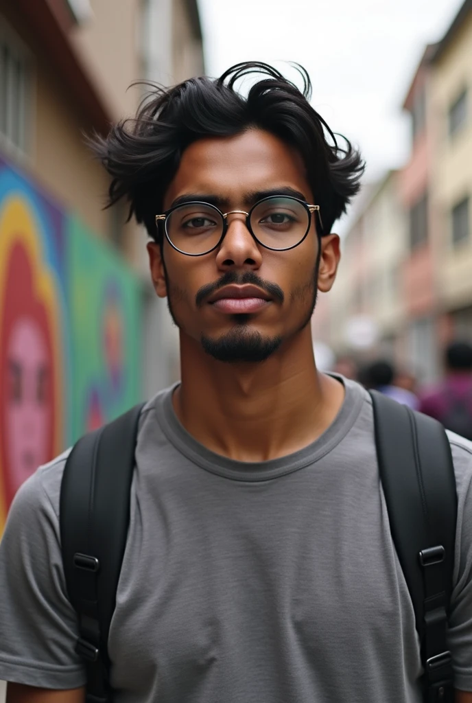 Indian guy, 19, slightly balding, medium hair length, long oval face, tall and wiry, round glasses, slight stubble
