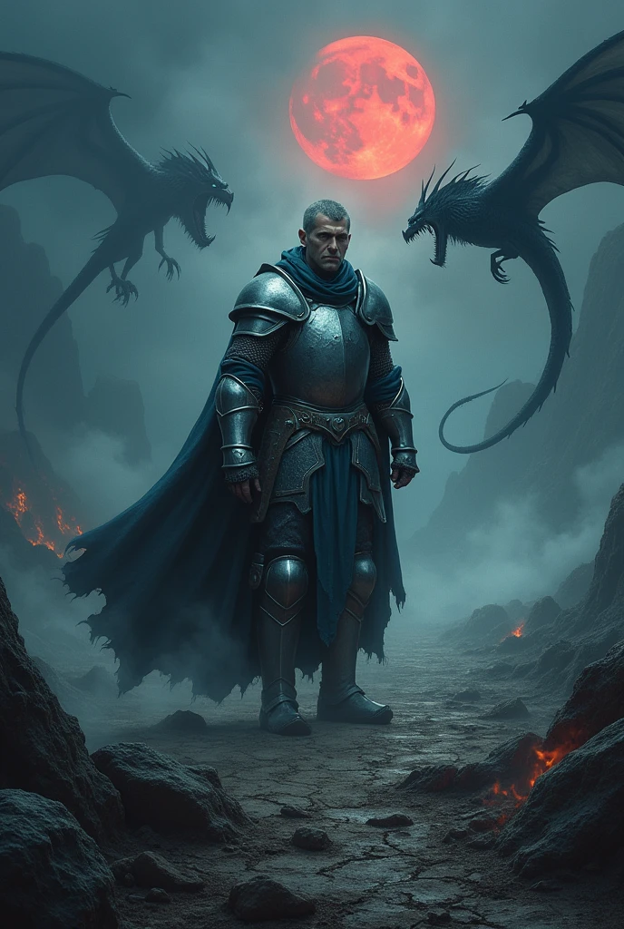 A knight in a dark world against dragons
