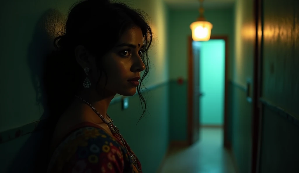 Character: Sunaina, mid-30s, peering out of her flat’s door with a mix of fear and curiosity. Her hand hesitates on the doorknob as she looks toward the darkened gallery.
Background: The gallery outside the flat is dimly lit by a flickering bulb. There’s an eerie silence, broken only by distant, indistinct noises. The door to the mysterious flat down the hall is slightly ajar, with a faint, ominous light coming from within. Kittu’s small slipper is visible near the door.
