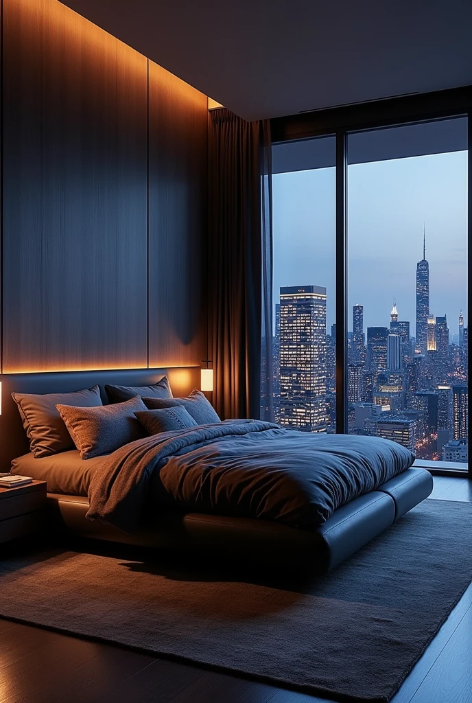 Create a bed in a dark style, Beautiful
Modern and stylish, but with a killer view of the skyline and the main focus on lying in bed