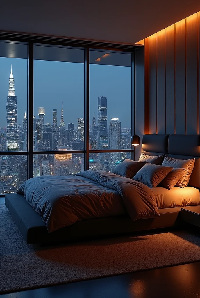 Create a bed in a dark style, Beautiful
Modern and stylish, but with a killer view of the skyline and the main focus on lying in bed