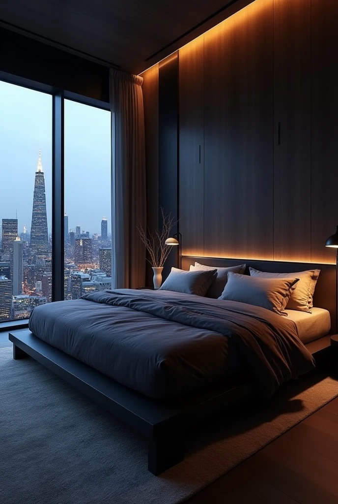 Create a bed in a dark style, Beautiful
Modern and stylish, but with a killer view of the skyline and the main focus on lying in bed