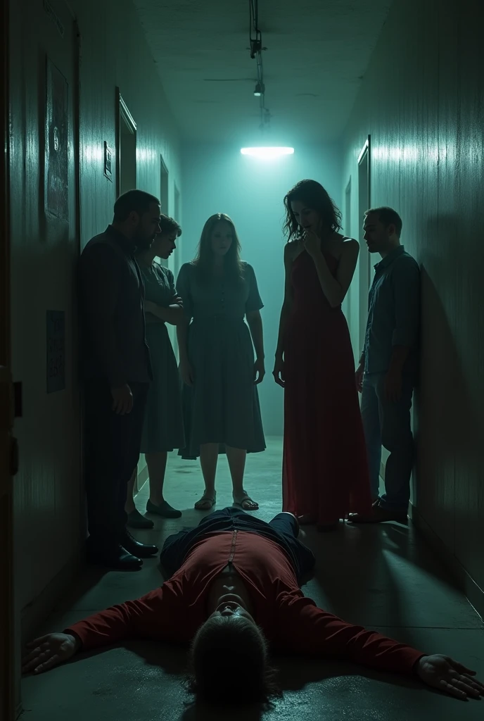 Dark corridor, light at the end. In the center are six people, three women and three men. The dead body of a 50-year-old man is lying on the floor, only the head and a bit of the body are visible. It is important that there are 6 people in the middle and a dead man in the foreground. One of the girls must be wearing a dress. IMPORTANT: There are a total of 7 people in the composition, one dead body and 6 people standing over the dead body