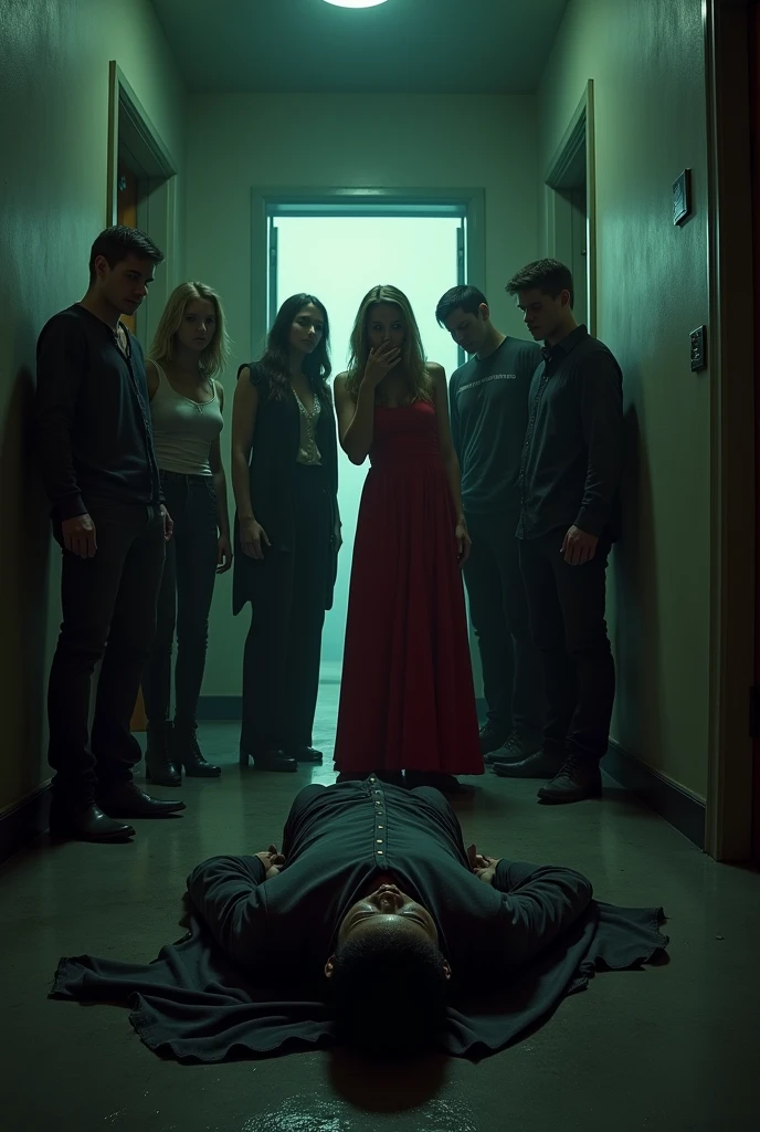 Dark corridor, light at the end. In the center are six people, three women and three men. The dead body of a 50-year-old man is lying on the floor, only the head and a bit of the body are visible. It is important that there are 6 people in the middle and a dead man in the foreground. One of the girls must be wearing a dress. IMPORTANT: There are a total of 7 people in the composition, one dead body and 6 people standing over the dead body