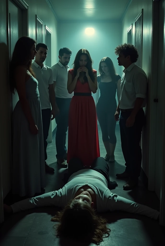 Dark corridor, light at the end. In the center are six people, three women and three men. The dead body of a 50-year-old man is lying on the floor, only the head and a bit of the body are visible. It is important that there are 6 people in the middle and a dead man in the foreground. One of the girls must be wearing a dress. IMPORTANT: There are a total of 7 people in the composition, one dead body and 6 people standing over the dead body