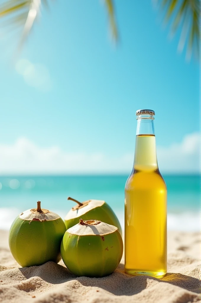 Act as an expert designer and create an image of coconuts with a space to add a bottle, The image should be realistic.