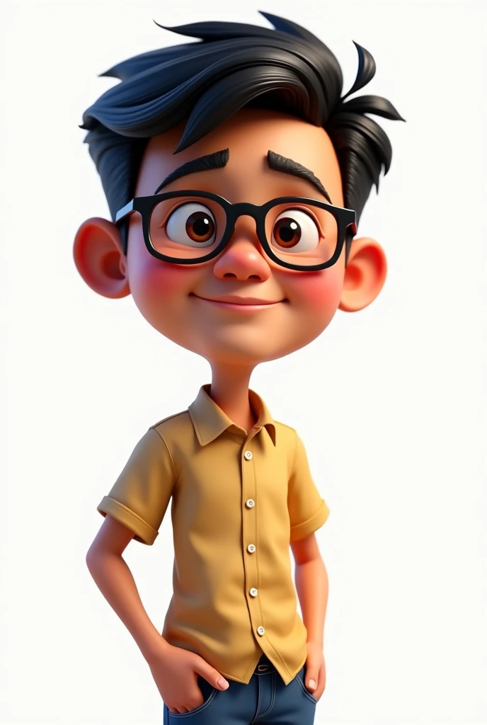 Indonesian commoners features, 3D caricature style, front view angle, medium close-up shot, casual setting theme, isolated on a transparent background. A 30-year-old man with short black hair, wearing glasses, casual shirt, and jeans, smiling with a friendly expression. In the style of exaggerated features with a large head and . Indonesian ethnicity, tan skin, round face, and small nose. Warm color tones, clean and bright environment, with high-resolution details, intricate textures, and sharp focus. Rendered with Pixar-like quality, utilizing soft studio lighting, high-definition textures, and vibrant colors