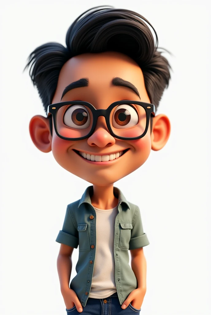 Indonesian commoners features, 3D caricature style, front view angle, medium close-up shot, casual setting theme, isolated on a transparent background. A 30-year-old man with short black hair, wearing glasses, casual shirt, and jeans, smiling with a friendly expression. In the style of exaggerated features with a large head and . Indonesian ethnicity, tan skin, round face, and small nose. Warm color tones, clean and bright environment, with high-resolution details, intricate textures, and sharp focus. Rendered with Pixar-like quality, utilizing soft studio lighting, high-definition textures, and vibrant colors