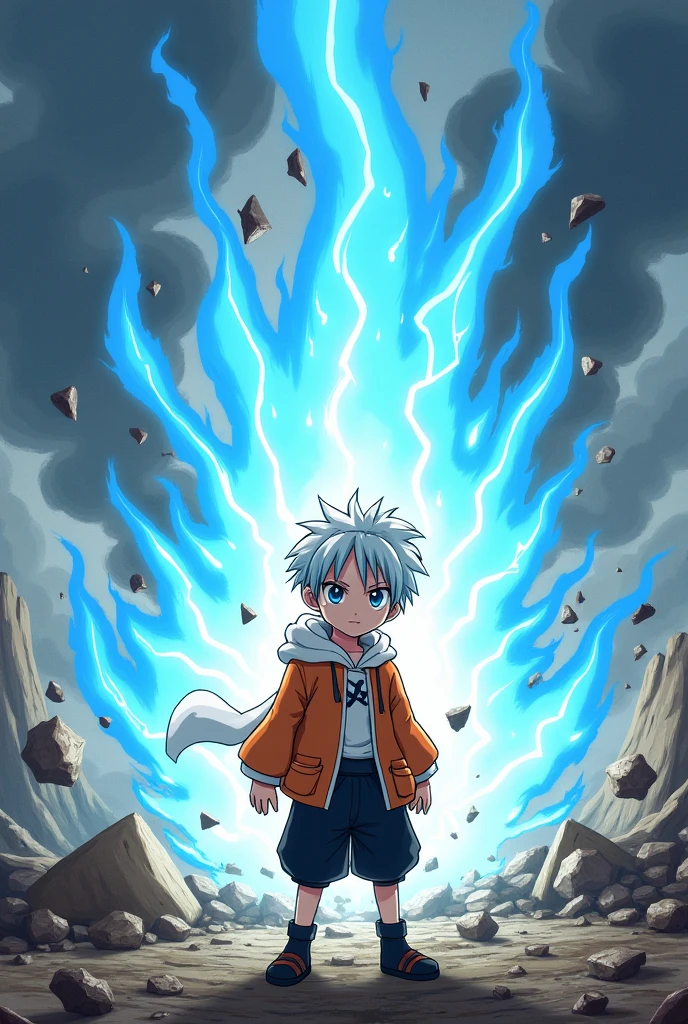 1 boy, short white hair and blue eyes solo, boy, cute and stylish orange and black outfit, Fairy Tail anime style art, epic fight scene, preparing a blue flame strike, going into battle, destroyed fight background