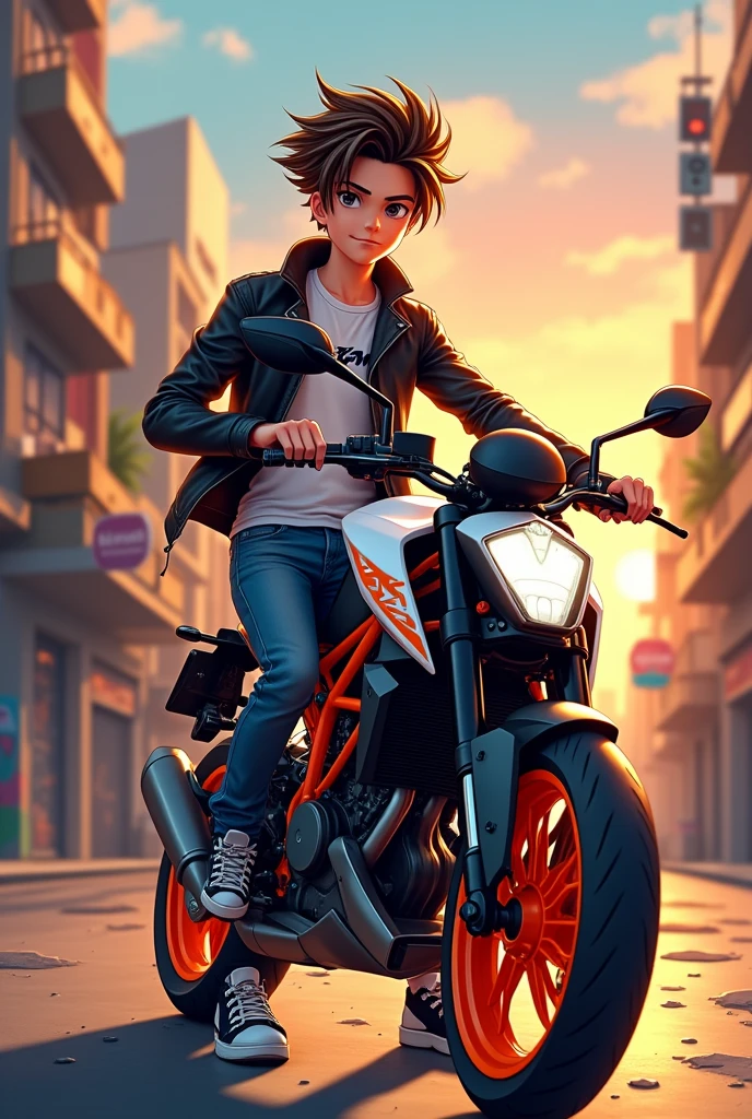 A smart teenage anime boy give photo pose with KTM bike