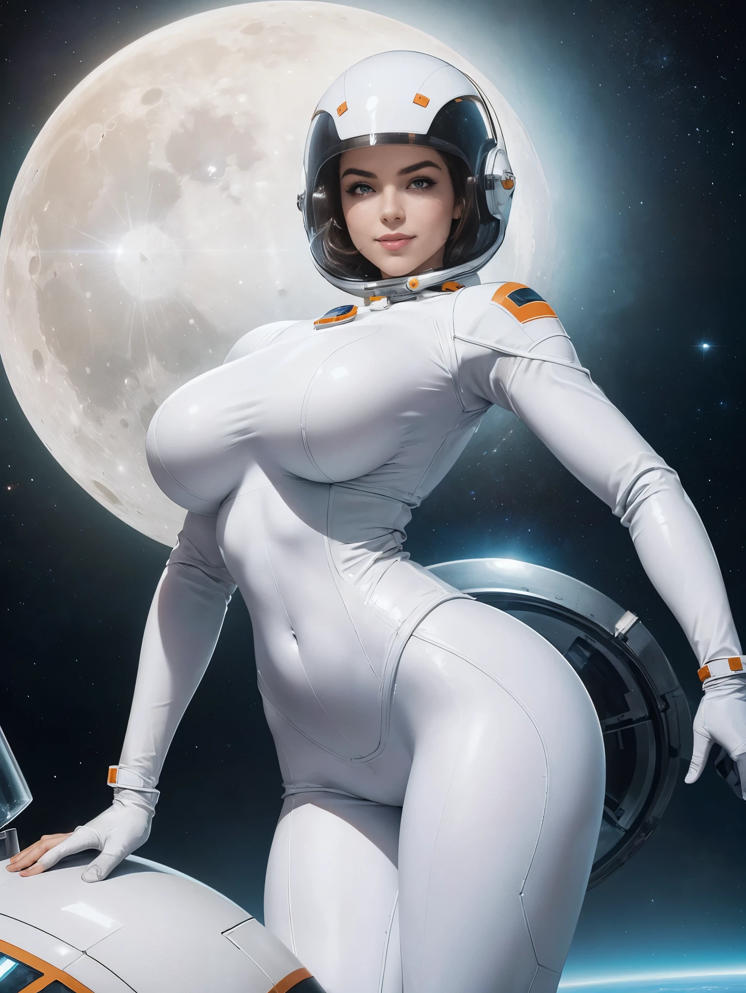 (masterpiece, top quality, best quality, official art, beautiful and aesthetic:1.2), (1girl:1.3), light freckles, fair skin, extremely detailed, portrait, looking at viewer, solo, (full body:0.6), detailed background, close up, (bright space pinup theme:1.1), busty 1950's pinup brunette space girl, charlatan, smiling, happy, mysterious, spacewalk, modest attire, white and orange space suit, spacesuit, helmet, bodysuit, ray gun, long boots, pouches, jetpack, glass helmet, rocket ship, ((((narrow hips, slim sexy body, medium breasts)))), slim waist, slim hips, long legs, futuristic (moon exterior:1.1) background, dark mysterious lighting, shadows, magical atmosphere, dutch angle,