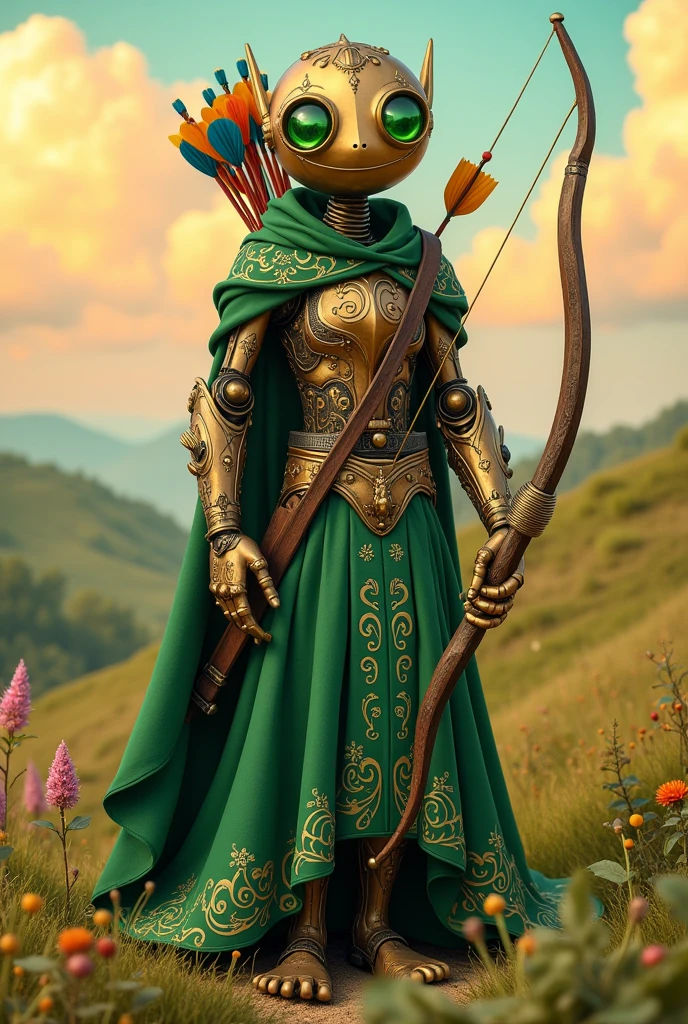 Create a character for me with Adventure Time vibes. A bronze Automaton with green eyes and a humanoid body. Wearing a green cloak around his neck with golden details and a longbow with arrows on his back. Male.
