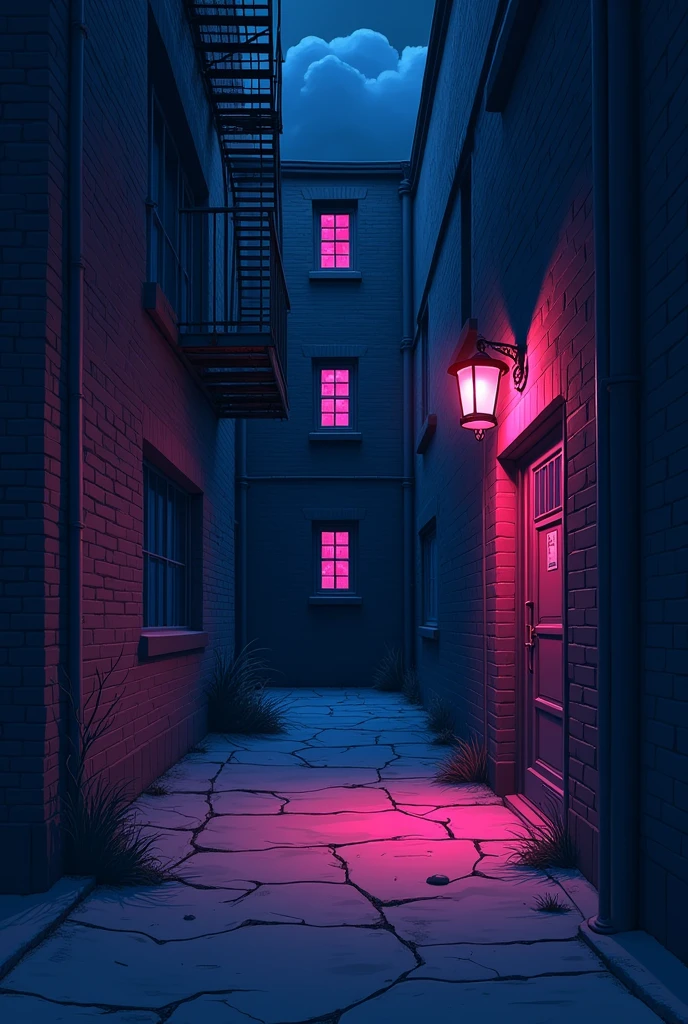 Photo of simple, narrow, winding ,old creepy, abandon alleyway with broken old concrete path, brick walls with 3 dark windows and fire escape, one point perspective. Very dark night time, dark deep blue, with pink lighting contrast. Cartoon style