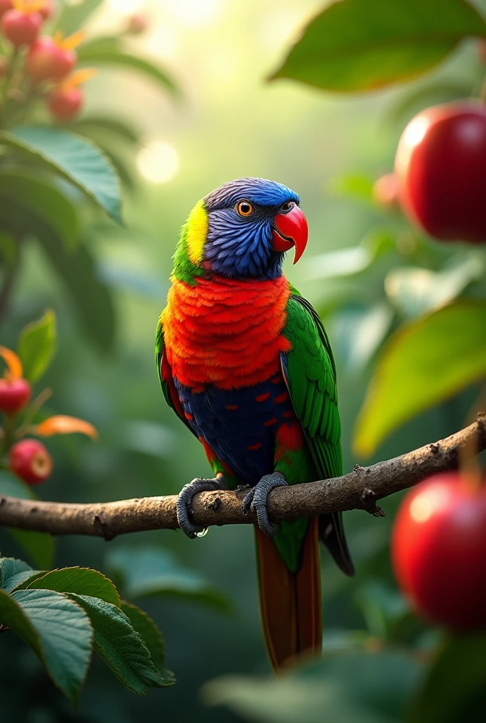 A parrot eats an apple.