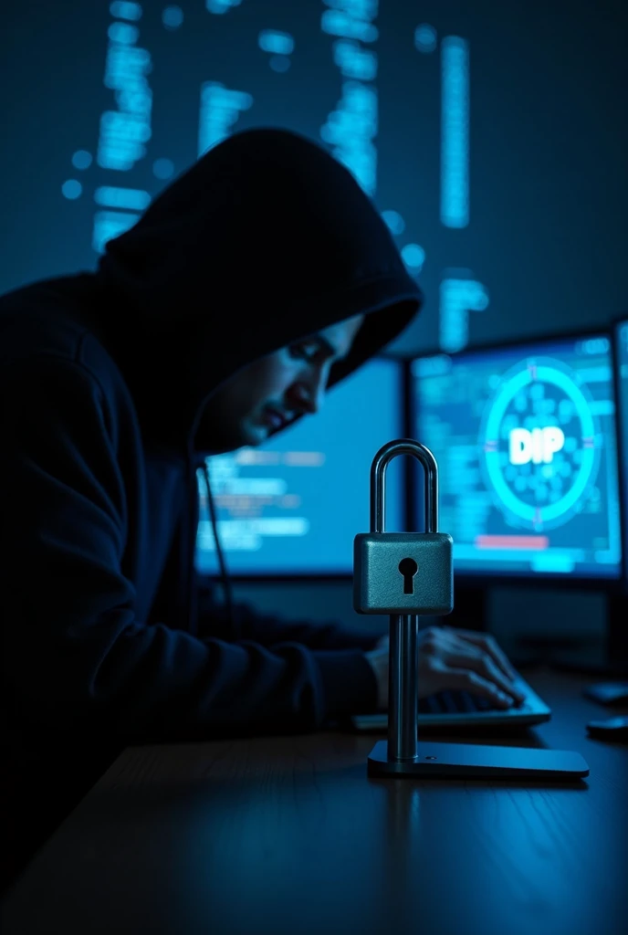 Create a highly realistic 4K image with predominant blue and black tones. Focus on a real-world scene featuring a digital lock, binary code on a screen, and a realistic hacker figure in a dark environment. Include the acronym 'dip' prominently in the image. Use vivid highlights to emphasize the cybersecurity threat and create a sense of urgency and high stakes.