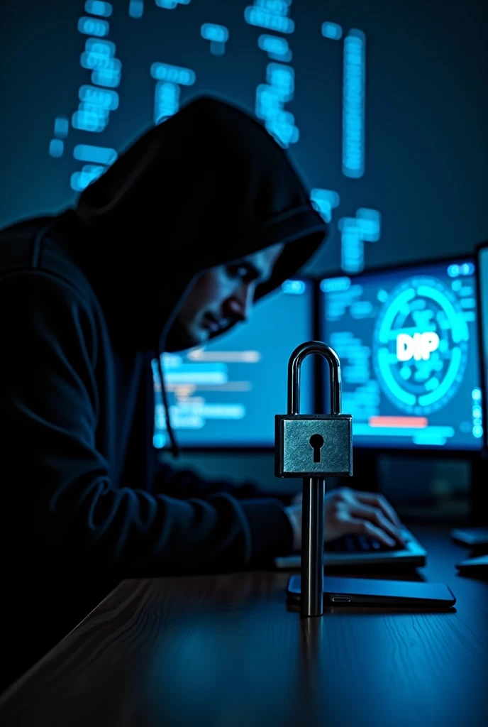 Create a highly realistic 4K image with predominant blue and black tones. Focus on a real-world scene featuring a digital lock, binary code on a screen, and a realistic hacker figure in a dark environment. Include the acronym 'dip' prominently in the image. Use vivid highlights to emphasize the cybersecurity threat and create a sense of urgency and high stakes.