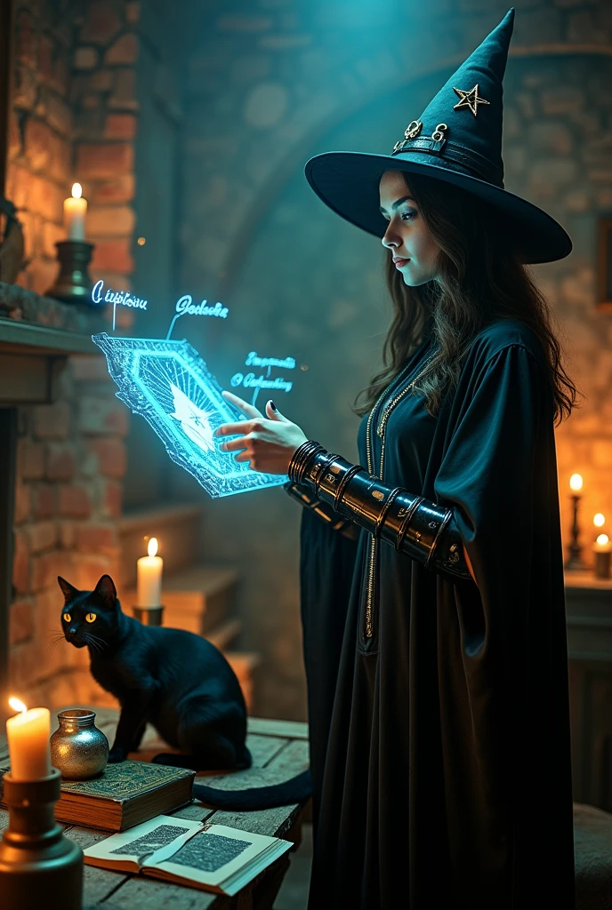 create a scene that depicts a modern-day witch who has embraced the world of cybernetics to enhance her magical abilities. The artwork should convey the enchanting blend of traditional witchcraft and futuristic technology. Here are some specific elements to include:
The Witch's Lair: The setting should be a cozy yet slightly eerie room, filled with magical books, crystal balls, potion ingredients, and antique furnishings. The room should be dimly lit by candles and a soft, mystical glow emanating from her cybernetic enhancements.
The Cyborg Witch: The central focus of the artwork is the witch herself. She's a striking figure with a mix of traditional witch attire and cybernetic enhancements. Her clothing should have a witchy, occult aesthetic, with flowing robes, a pointed hat, and an intricate pentagram necklace. Her arms, however, have been upgraded with cybernetic components that incorporate magical symbols and glowing runes.
Magical Interface: The witch is in the midst of casting a spell, with a holographic, touch-screen interface floating before her. This interface includes spell incantations, arcane symbols, and digital components, demonstrating her fusion of magic and technology.
Spell Ingredients: On a nearby table, there should be a collection of spell ingredients, like herbs, potions, and magical artifacts. Some of these items may have been modified with cybernetic enhancements, blurring the line between the natural and the technological.
Familiar: The witch's familiar, perhaps a cat or raven, should be present in the scene, serving as her magical companion. The familiar could also have subtle cybernetic enhancements or glowing eyes.
Glowing Runes: The room should be adorned with ancient symbols and glowing runes on the walls and floor, contributing to the magical atmosphere.
Aetherial Lighting: Use a combination of mystical, ethereal lighting and cybernetic glows to create a captivating interplay of light and shadow. The contrast between the tradit