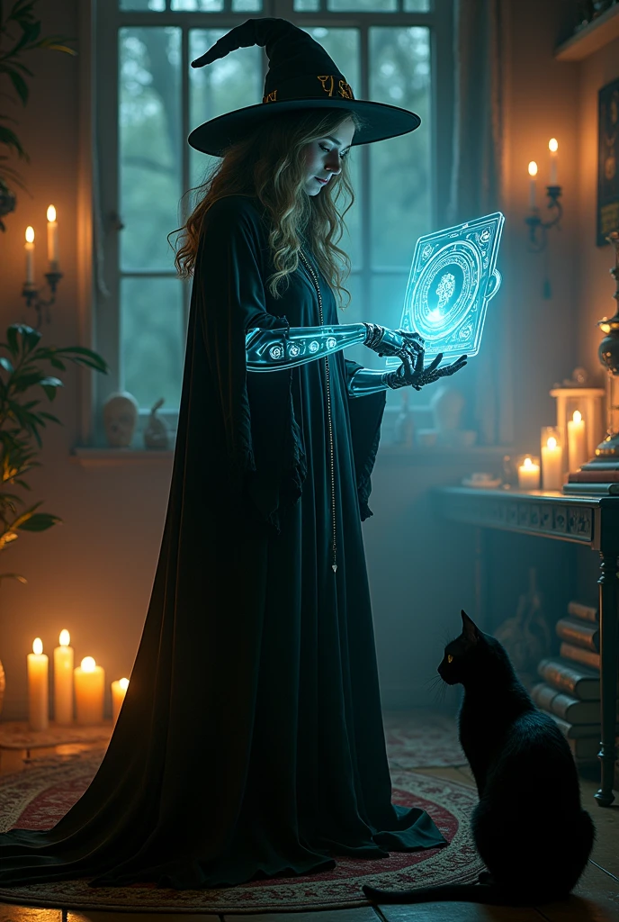 create a scene that depicts a modern-day witch who has embraced the world of cybernetics to enhance her magical abilities. The artwork should convey the enchanting blend of traditional witchcraft and futuristic technology. Here are some specific elements to include:

The Witch's Lair: The setting should be a cozy yet slightly eerie room, filled with magical books, crystal balls, potion ingredients, and antique furnishings. The room should be dimly lit by candles and a soft, mystical glow emanating from her cybernetic enhancements.

The Cyborg Witch: The central focus of the artwork is the witch herself. She's a striking figure with a mix of traditional witch attire and cybernetic enhancements. Her clothing should have a witchy, occult aesthetic, with flowing robes, a pointed hat, and an intricate pentagram necklace. Her arms, however, have been upgraded with cybernetic components that incorporate magical symbols and glowing runes.

Magical Interface: The witch is in the midst of casting a spell, with a holographic, touch-screen interface floating before her. This interface includes spell incantations, arcane symbols, and digital components, demonstrating her fusion of magic and technology.

Spell Ingredients: On a nearby table, there should be a collection of spell ingredients, like herbs, potions, and magical artifacts. Some of these items may have been modified with cybernetic enhancements, blurring the line between the natural and the technological.

Familiar: The witch's familiar, perhaps a cat or raven, should be present in the scene, serving as her magical companion. The familiar could also have subtle cybernetic enhancements or glowing eyes.

Glowing Runes: The room should be adorned with ancient symbols and glowing runes on the walls and floor, contributing to the magical atmosphere.

Aetherial Lighting: Use a combination of mystical, ethereal lighting and cybernetic glows to create a captivating interplay of light and shadow. The contrast between the tradit