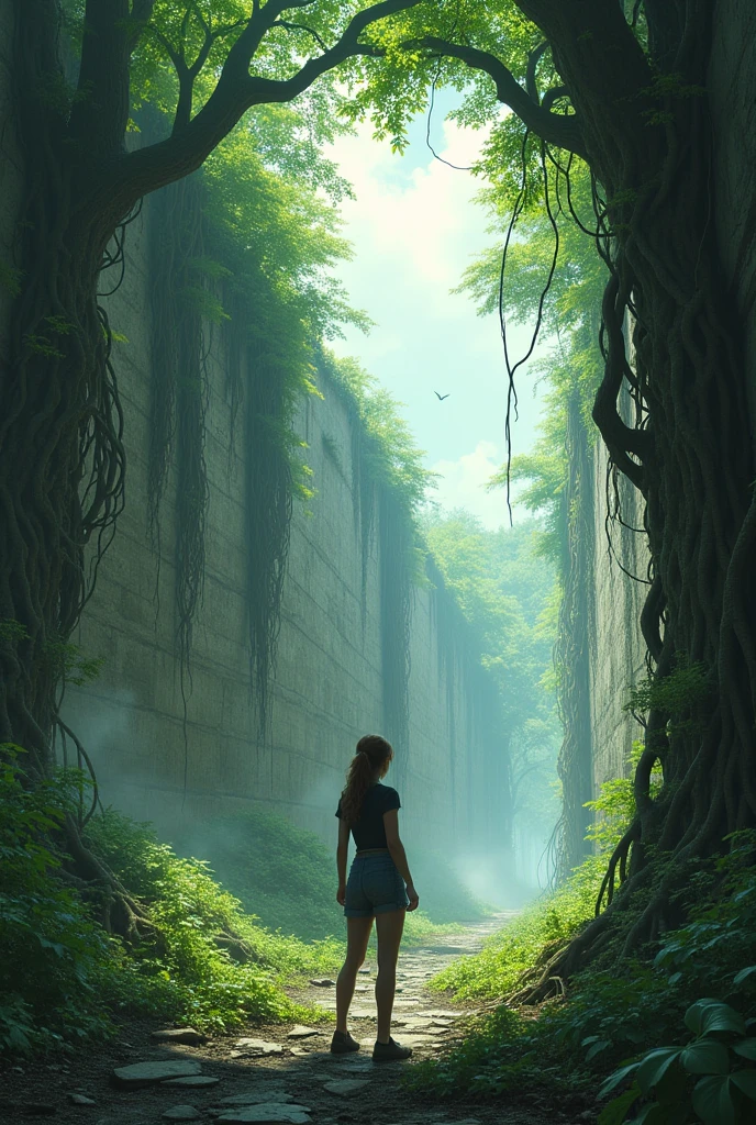 Image of a female character with her back turned, looking at a giant wall around her covered in green roots and trees., apocalyptic style