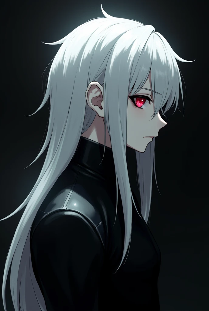 Profile of an albino demon, pale translucent skin, platinum blonde anime style hair, Red eyes, the sclera of your eye is black, is man, wear black clothes, Leave him dark 