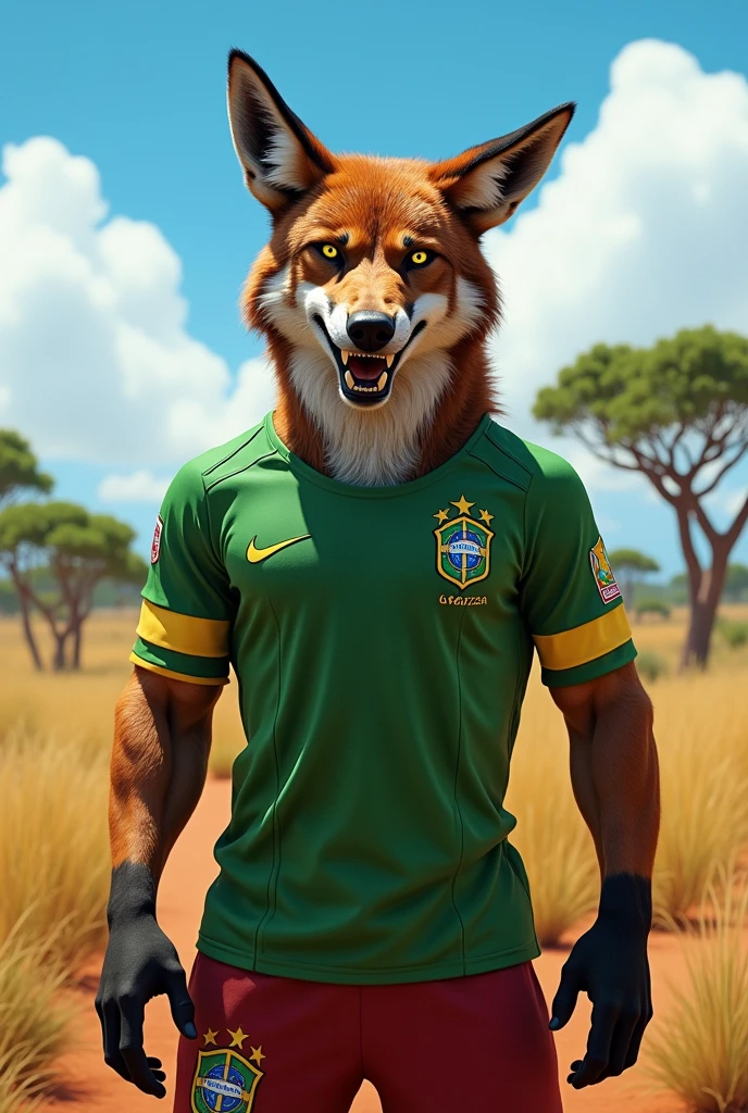 A Brazilian maned wolf from the Cerrado, very muscular mascot shaped with a green and white soccer jersey and a mean face