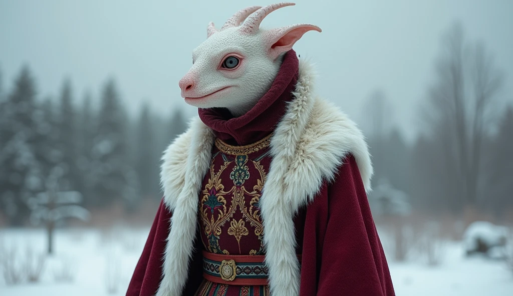 Latvia as a baltic soviet League of Legend creature in maroon and white colors. Intricated clothing. Cinematic Fantasy sci-fi landscape background