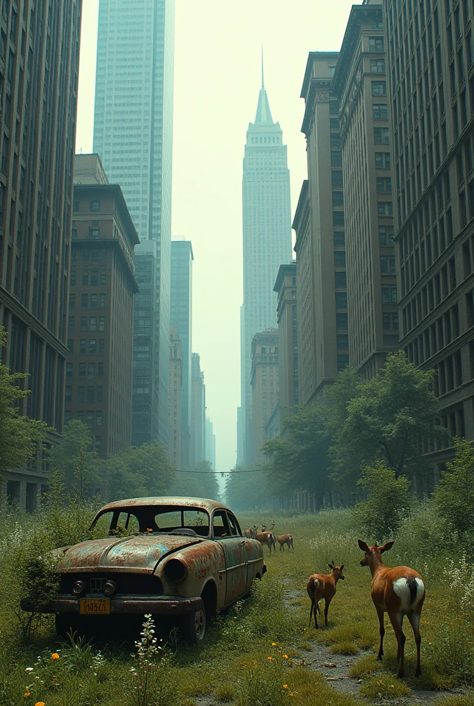 street view of new york between skyscrapers, post apocalyptic picture, abandoned rusted car, the nature conquered back its territory, there is a deer family