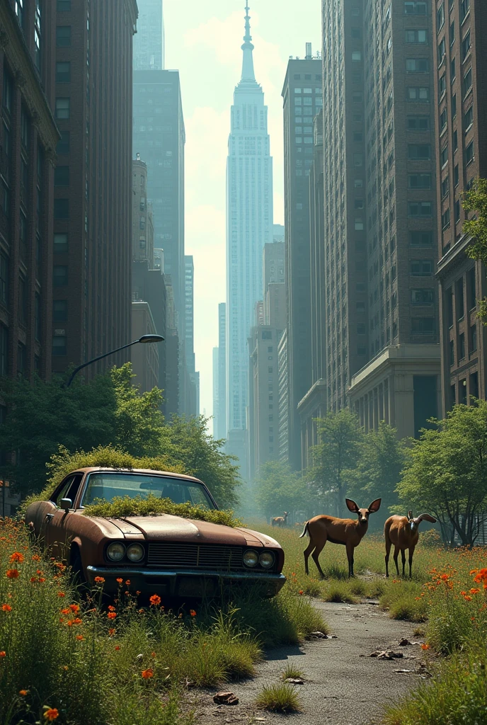 street view of new york between skyscrapers, post apocalyptic picture, abandoned rusted car, the nature conquered back its territory, there is a deer family
